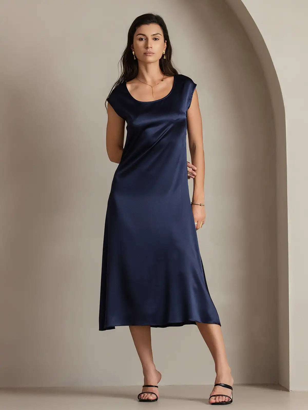 Clearance - 19Momme Silk Round Neck Cap Sleeve Midi Dress
