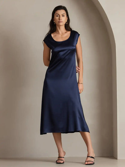 Clearance - 19Momme Silk Round Neck Cap Sleeve Midi Dress