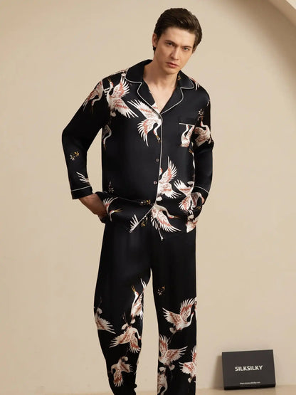 Clearance - 19Momme 100% Mulberry Silk Men's Crane Print Long Sleeve Notch Collar Pajamas Set