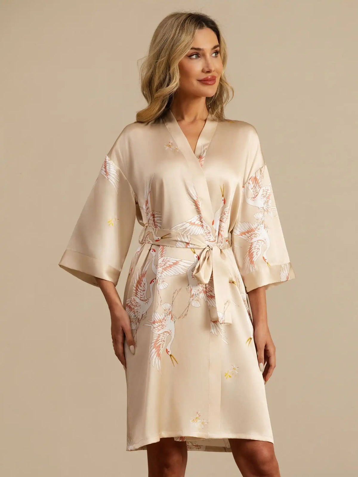Clearance - 19Momme 100% Mulberry Silk Crane Print Belted Wrap Women's Kimono Robe