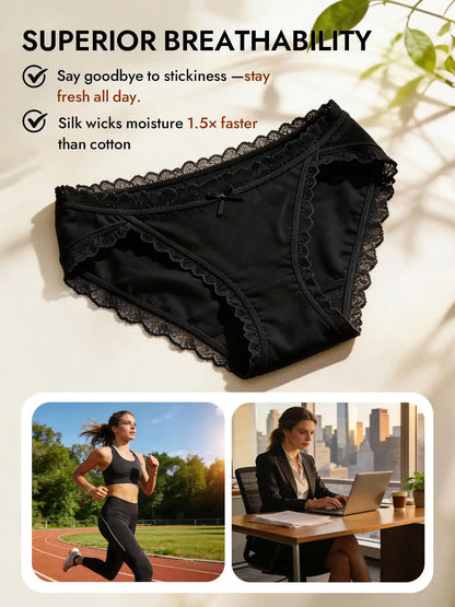 100% Mulberry Silk Lace Trim Bikini Panty with Bow Design