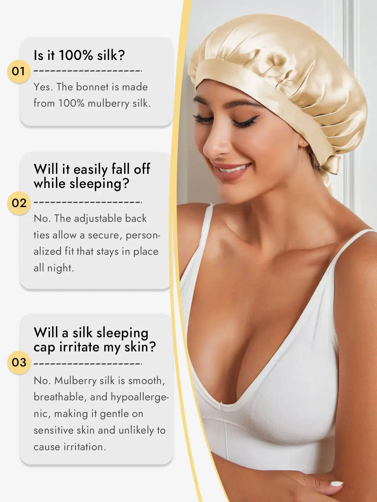 100% Mulberry Silk Sleep Bonnet with Ribbons