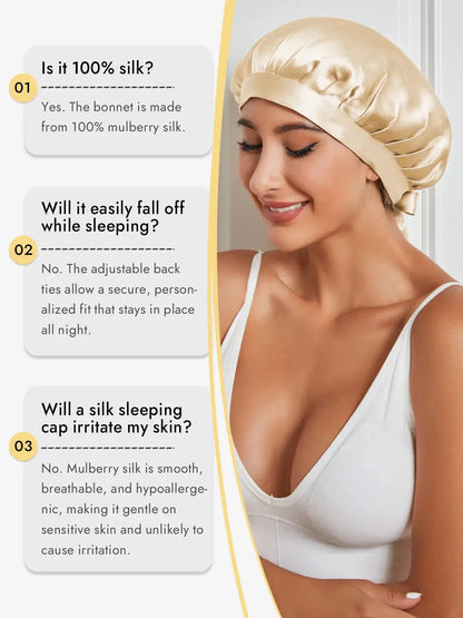 100% Mulberry Silk Sleep Bonnet with Ribbons