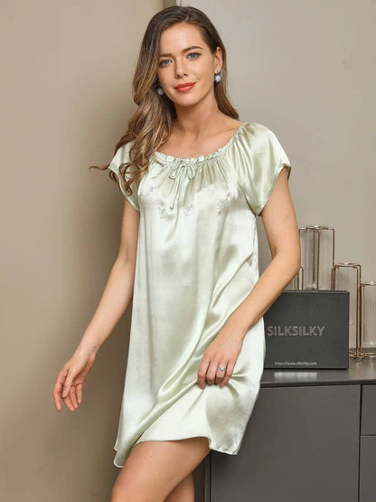 100% Mulberry Silk Cap Sleeve Square Neck Babydoll Short Nightgown
