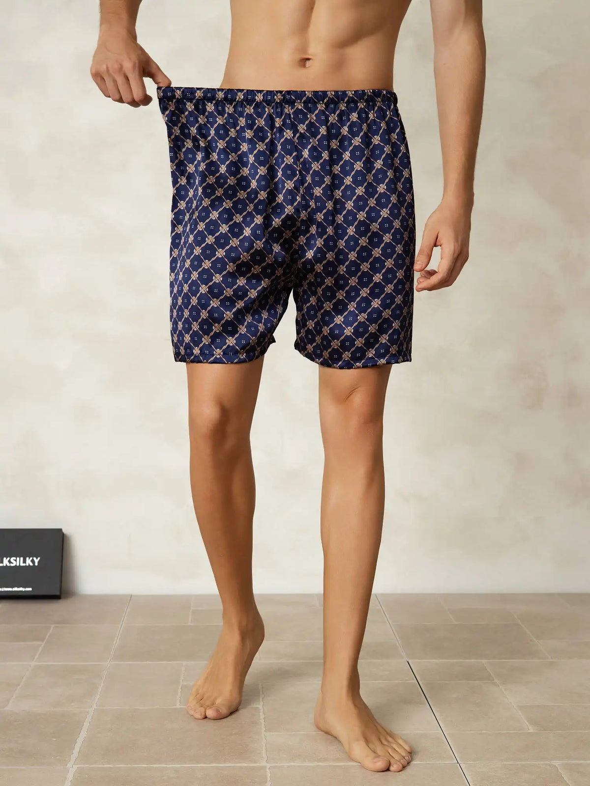 100% Mulberry Silk Navy Chain Print Elastic Waist Men's Sleep Shorts