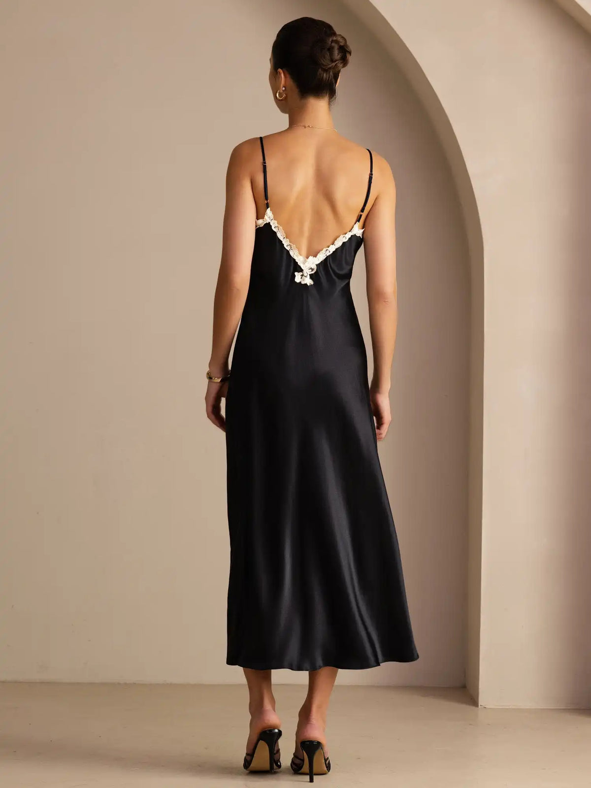 100% Mulberry Silk Spaghetti Strap V Neck Midi Dress with Lace V-Back Design