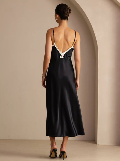 100% Mulberry Silk Spaghetti Strap V Neck Midi Dress with Lace V-Back Design