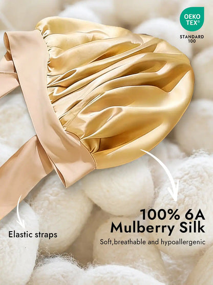 100% Mulberry Silk Bonnet Bowknot Tie Sleep Cap for Hair Protection
