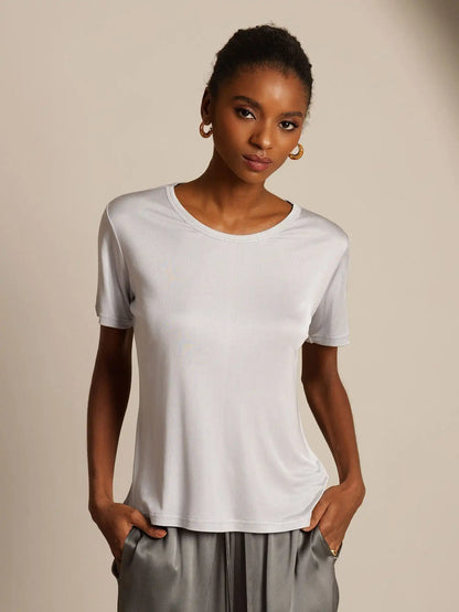 Women's 100% Mulberry Silk Short Sleeve Round Neck Basic T-Shirt