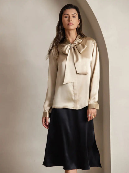 Clearance - Elegant 19Momme Silk Long Sleeve Tie Neck Blouse
