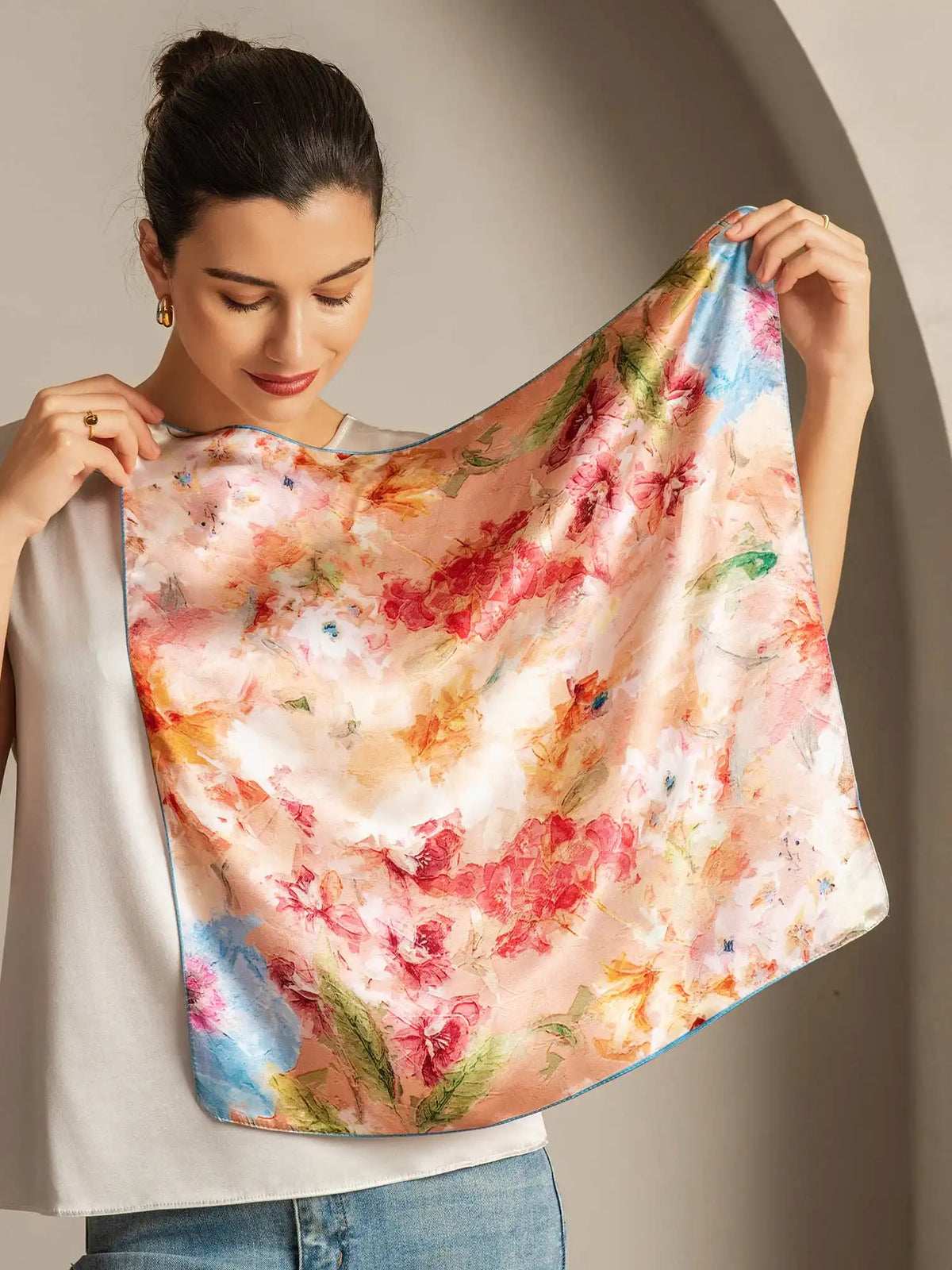 100% Mulberry Silk Floral Bliss Square Scarf - Size 53x53cm