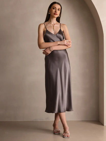 100% Mulberry Silk Spaghetti Strap Midi Long Dress