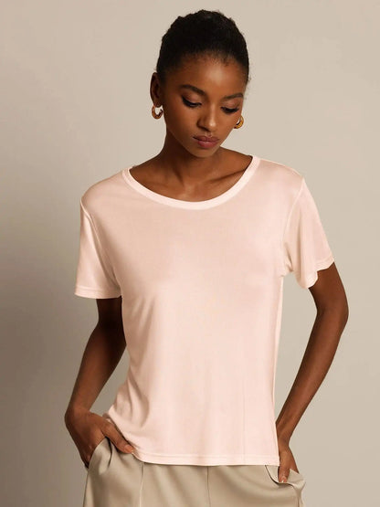 Women's 100% Mulberry Silk Short Sleeve Round Neck Basic T-Shirt