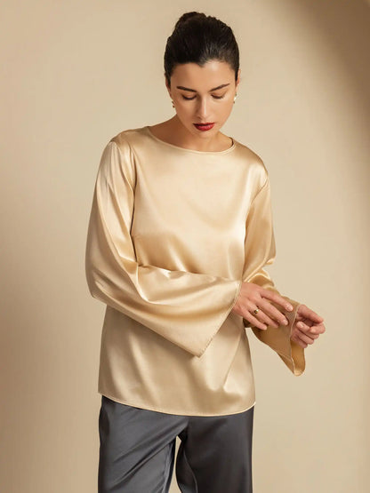 19Momme Silk Bell Sleeve Boat Neck Women's Top