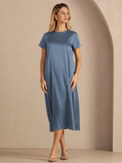 19Momme Silk Short Sleeve Crew Neck  Midi Dress With Side Pockets