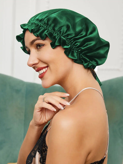 100% Mulberry Silk Sleep Cap Double Layer Bonnet with Ribbon