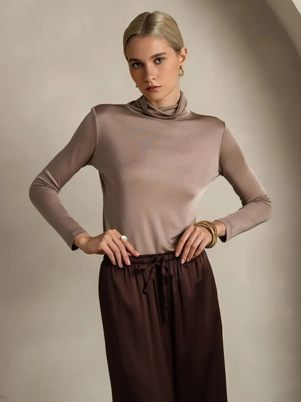 Silk Long Sleeve High Neck Women's Top