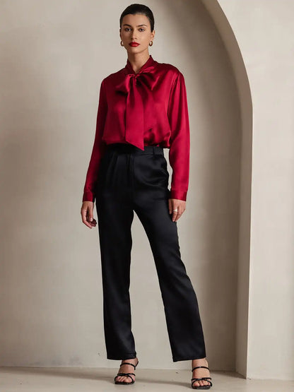 Elegant 19Momme Silk Long Sleeve Tie Neck Blouse