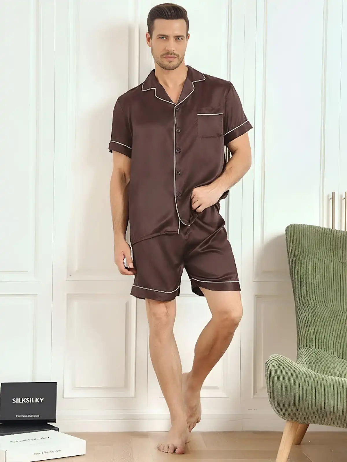 Clearance - 100% Mulberry Silk Short Sleeve Notch Collar Men's Pajamas Set with Shorts