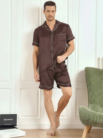 Clearance - 100% Mulberry Silk Short Sleeve Notch Collar Men's Pajamas Set with Shorts