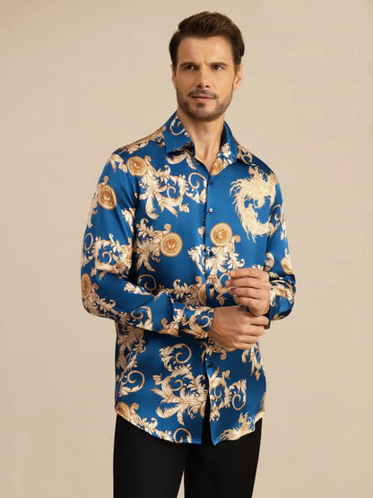 Pure Silk Men's Long Sleeve Lapel Collar Dragon Print Shirt