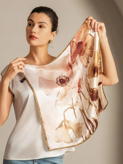 100% Mulberry Silk Floral Square Scarf with Gold Trim 53*53 cm
