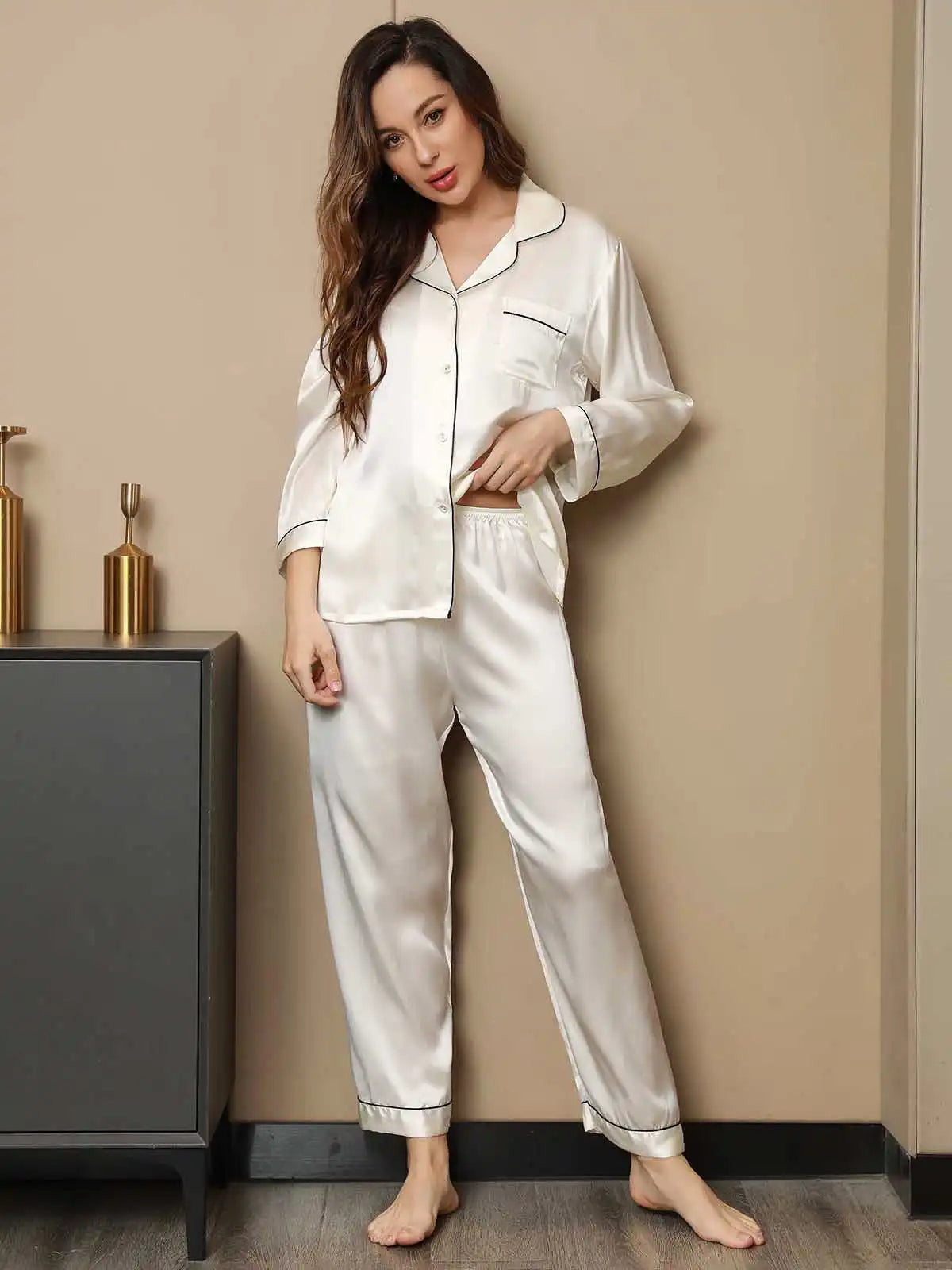 100% Mulberry Silk Lapel Collar Button Up Women's Pajamas Set