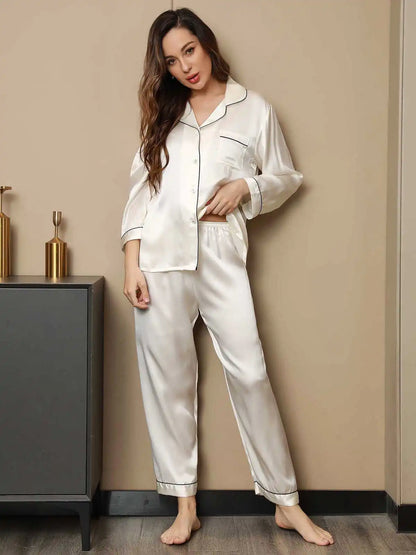 100% Mulberry Silk Lapel Collar Button Up Women's Pajamas Set