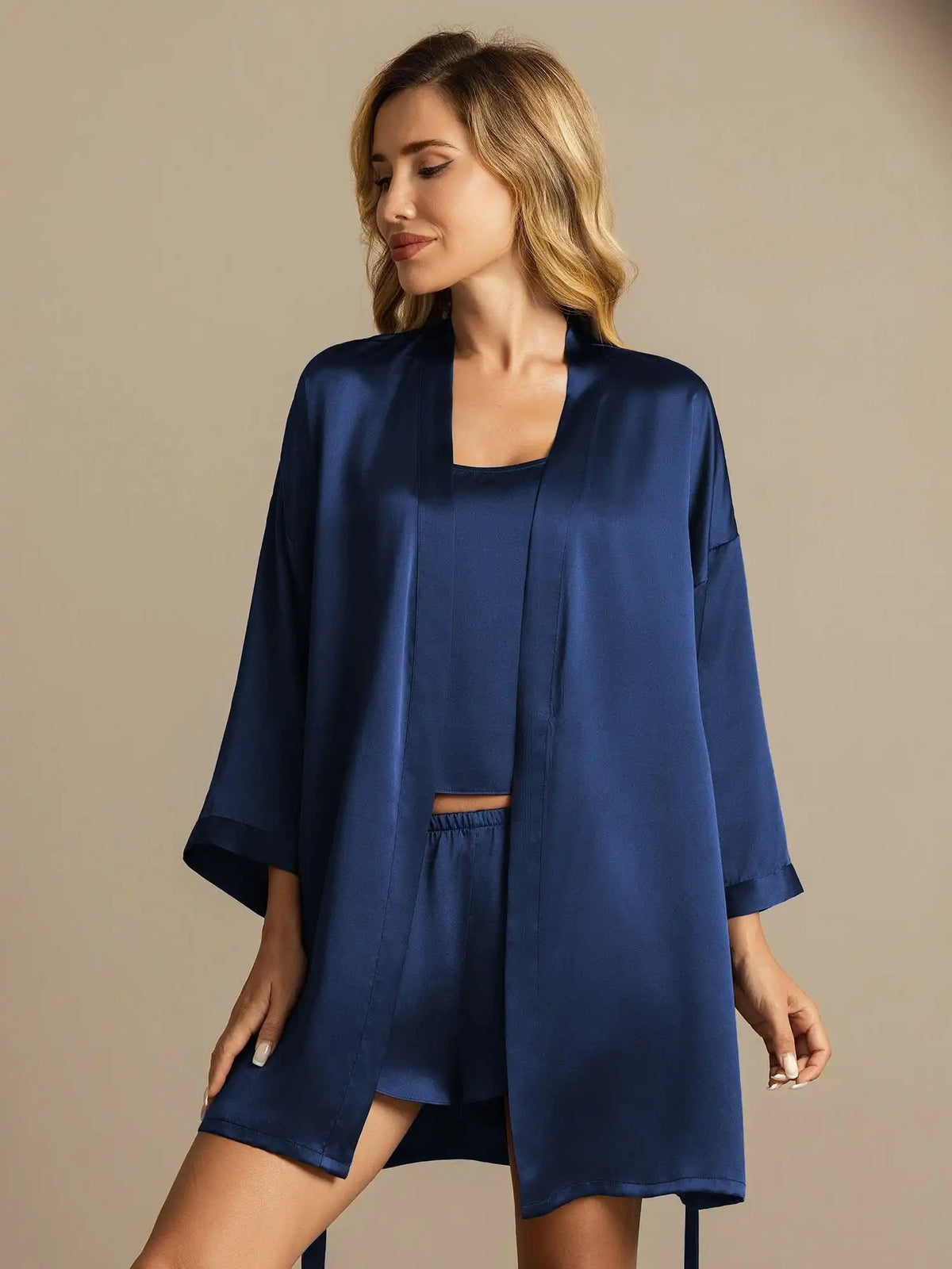 100% Mulberry Silk 3Pcs Elegant Robe & Cami Shorts Set for Women