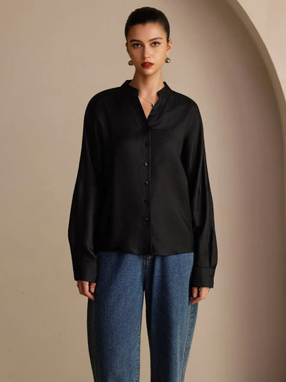 100% Mulberry Silk Women’s Split Neck Long Sleeve Blouse With Drawstring