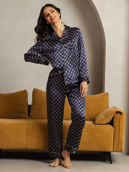 100% Mulberry Silk Chain Print Long Sleeve Lapel Collar Women's Pajamas Set