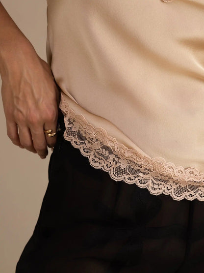 100% Mulberry Silk Women's Spaghetti Strap V Neck Lace Trim Camisole Top
