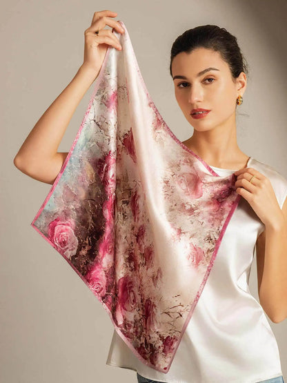 100% Mulberry Silk Rose Pattern Square Scarf - Size 53x53cm