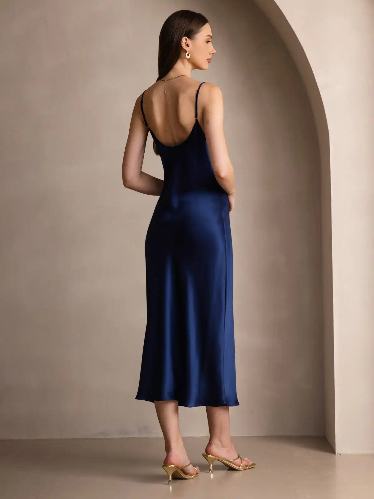 100% Mulberry Silk Spaghetti Strap V Neck Midi Dress