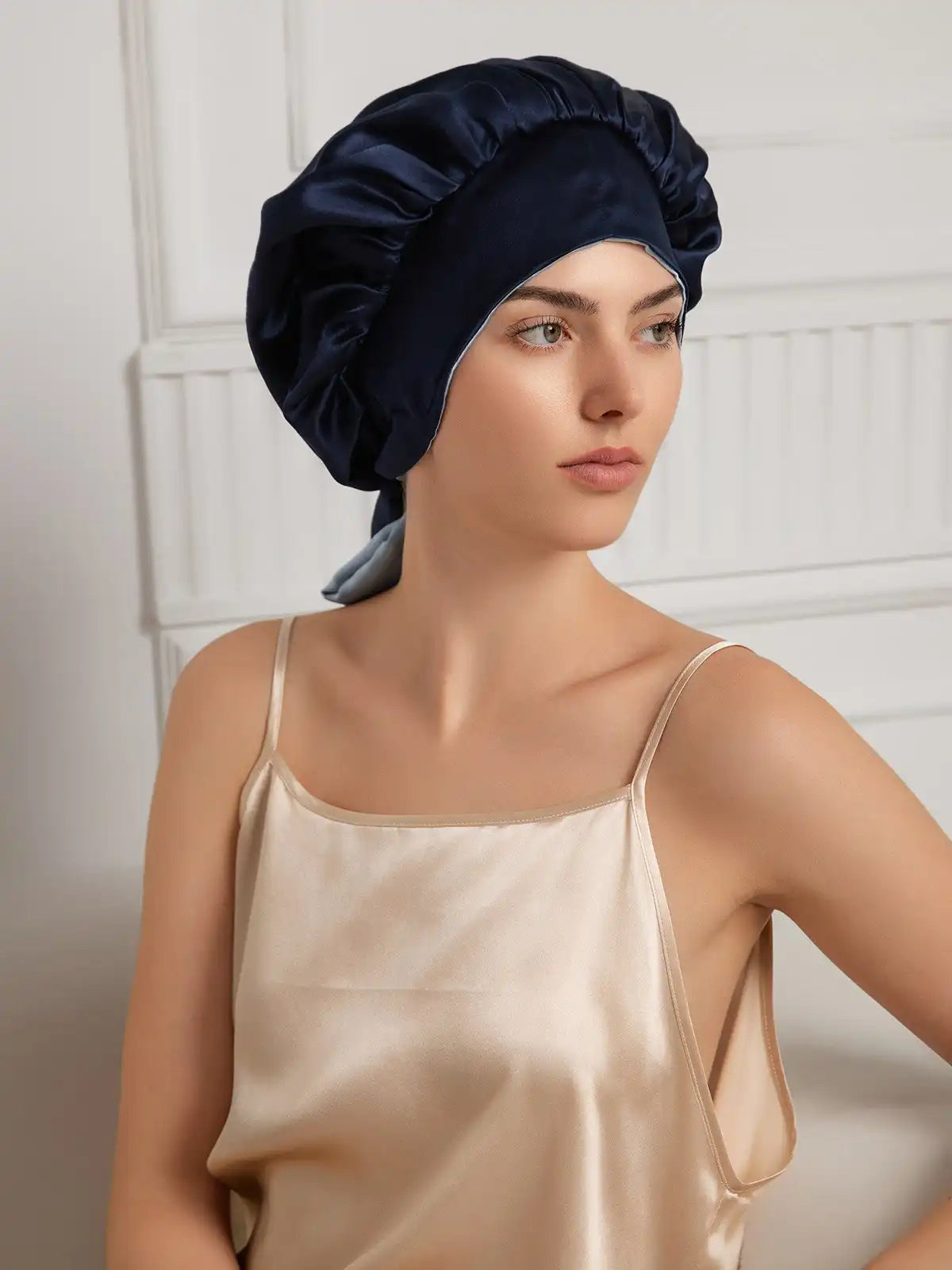 100% Mulberry Silk  Casual Bonnet with Long Ribbons (Two-tone and Double-sided)