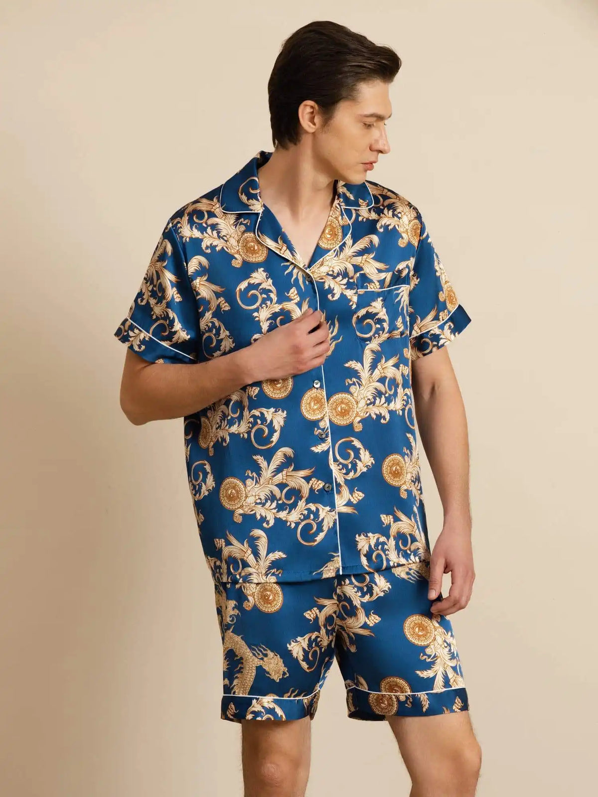 100% Mulberry Silk Men's Dragon Print  Short Sleeve Lapel Collar Pajamas Set
