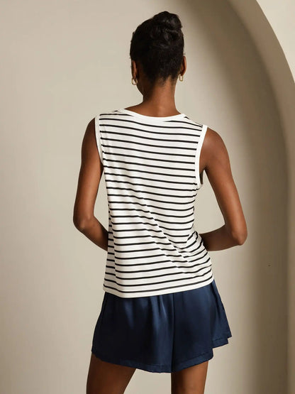 Women's 100% Mulberry Silk Round Neck Casual Stripe Print Tank Top
