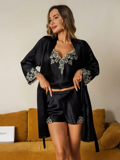 Elegant 100% Mulberry Silk Lace Trimmed Robe and Camisole Set 3Pcs