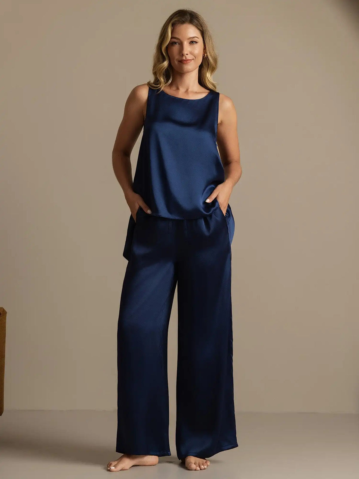 100% Mulberry Silk Sleeveless U-Neck Backless High-low Tank Top & Wide Leg Pants Set