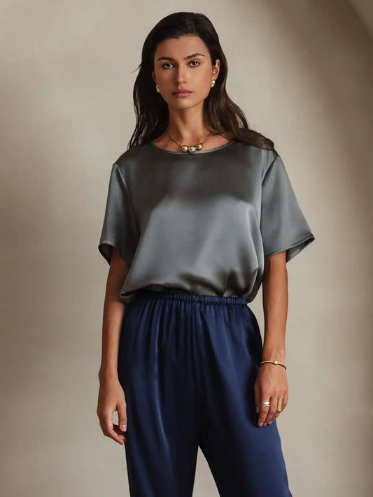 Clearance - Women's Pure Silk Short Sleeve Round Neck T-Shirt
