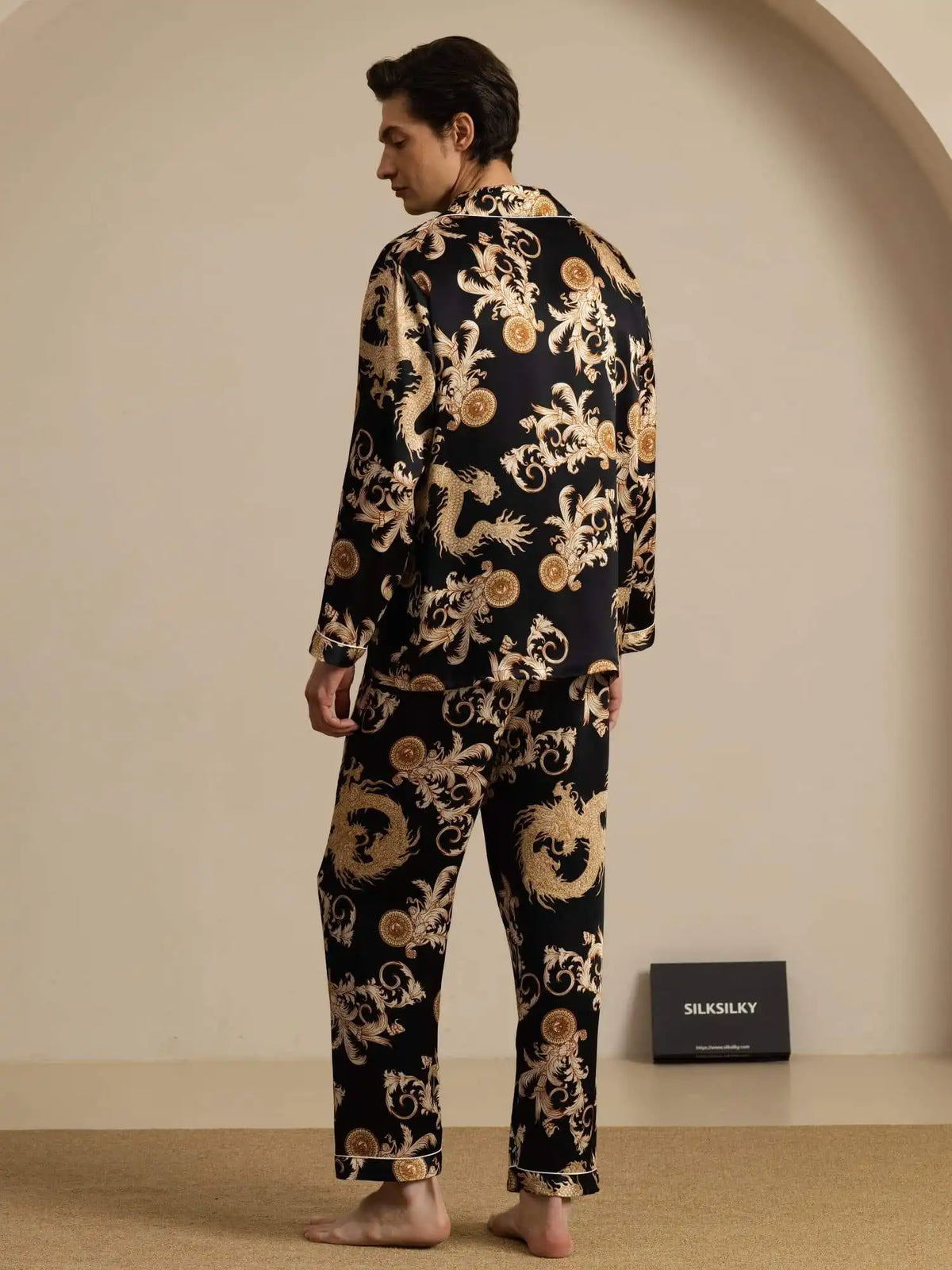 100% Mulberry Silk Men's Dragon Print  Long Sleeve Notch Collar Pajamas Set
