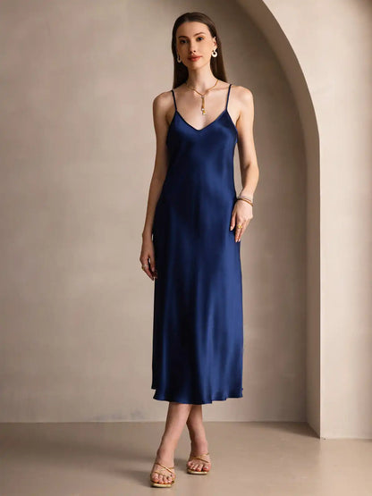 100% Mulberry Silk Spaghetti Strap Midi Long Dress
