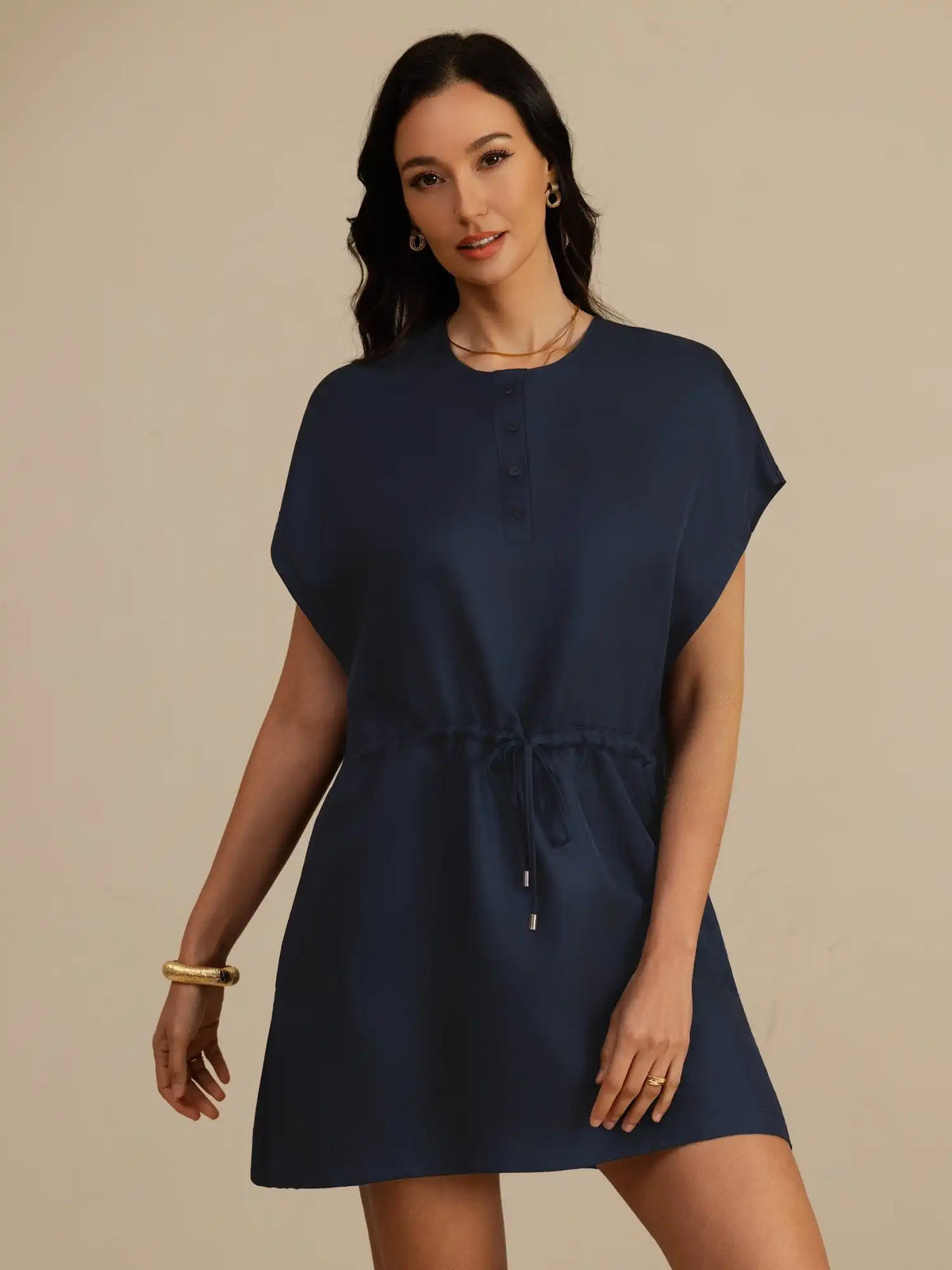 Clearance - 100% Mulberry Silk Henley Neck Cap Sleeve Short Dress With Drawstring