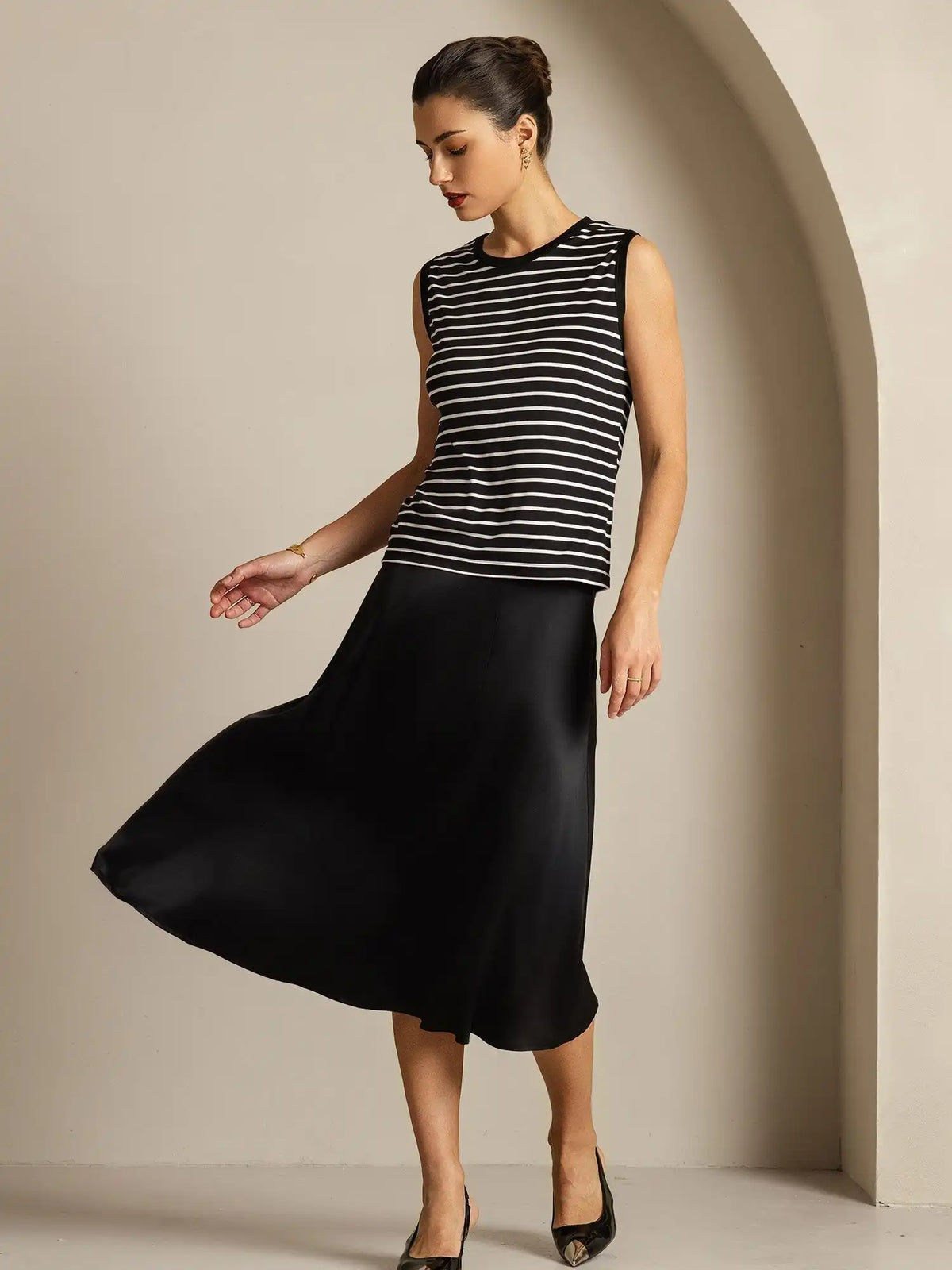 Women's 100% Mulberry Silk Round Neck Casual Stripe Print Tank Top