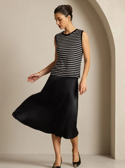 Women's 100% Mulberry Silk Round Neck Casual Stripe Print Tank Top
