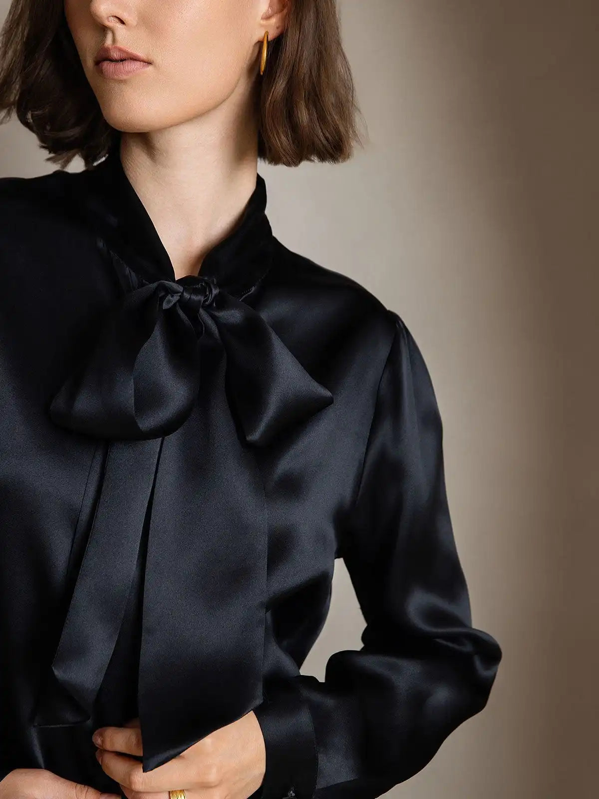 19Momme Silk Long Sleeve Tie Neck Elegant Blouse