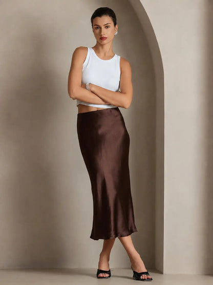 100% Mulberry Silk Stretch Long Straight Skirt