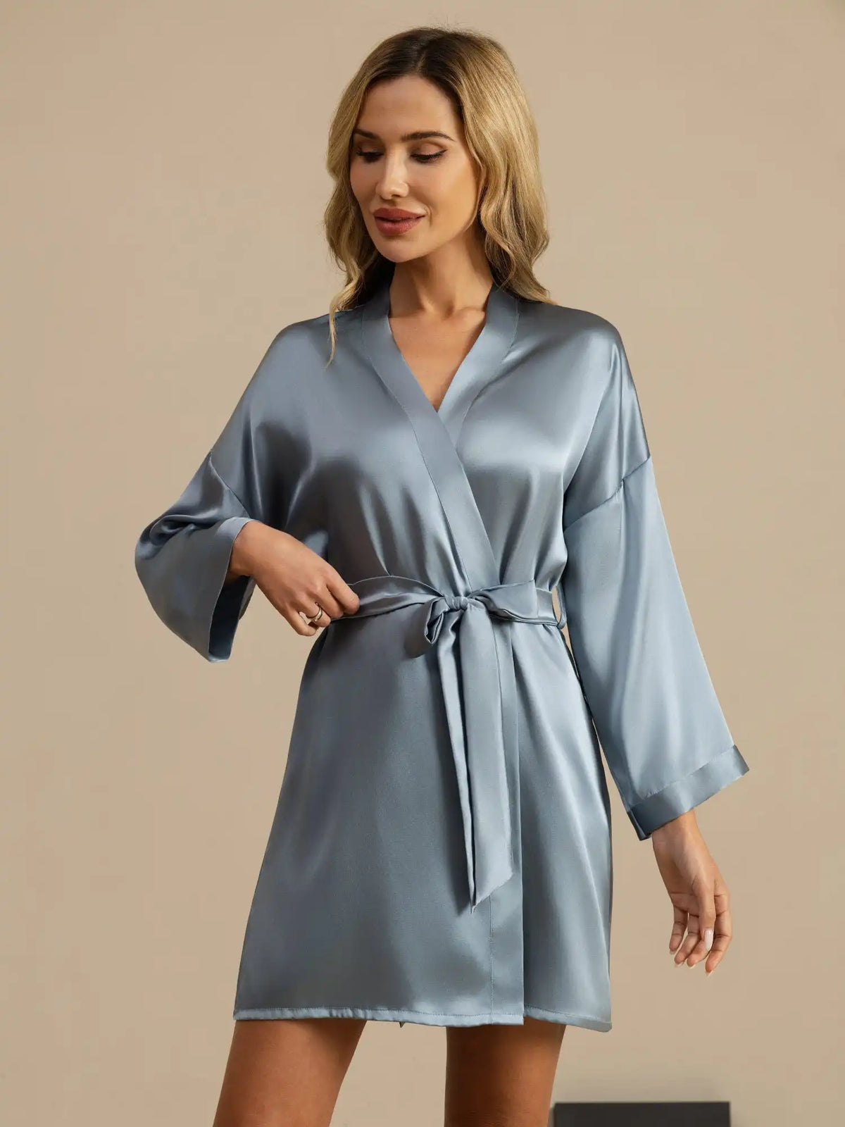 100% Mulberry Silk Short Women's Kimono Robe with Wrap Design