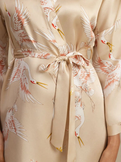 Clearance - 19Momme 100% Mulberry Silk Crane Print 3/4 Sleeve Short Women's Kimono Robe