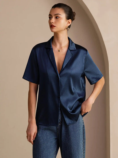 19Momme Silk Short Sleeve Notched Lapel Women's Shirt with Button Up Design